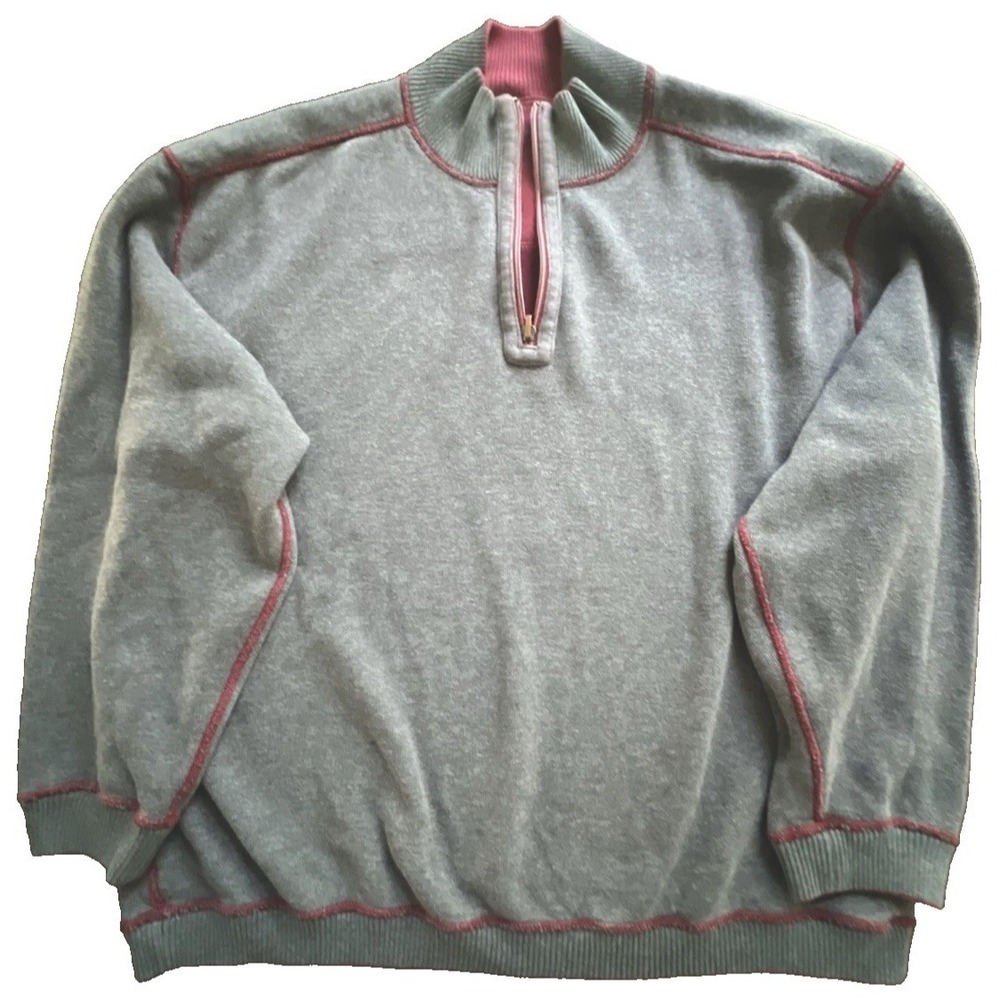 Men's TOMMY BAHAMA Sweater Reversible Size L Cotton 1/4 zip ribbed maroon gray